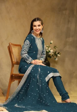 Embroidered Georgette Straight Suit in Teal Blue