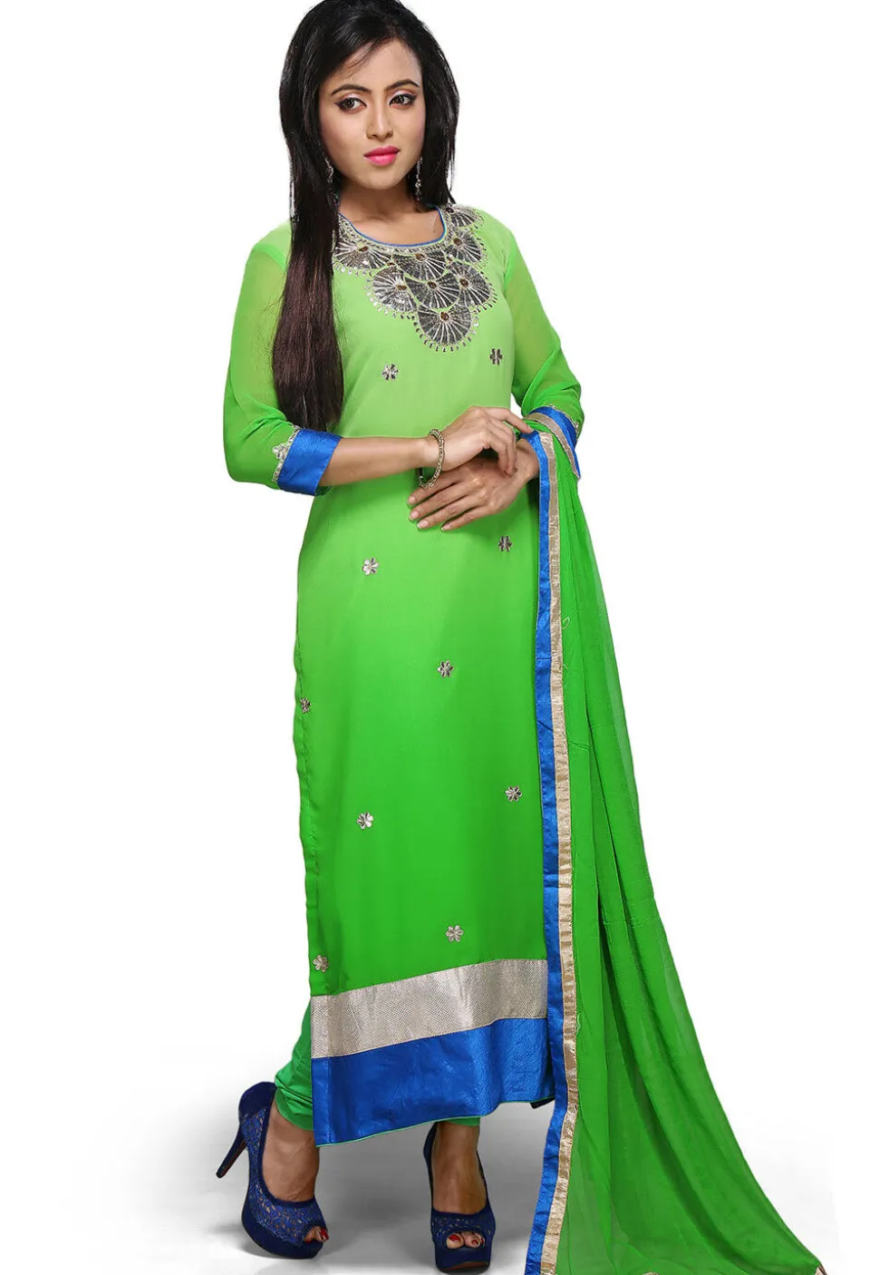 Embroidered Georgette Straight Cut Suit in Shaded Green