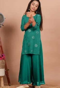 Embroidered Georgette Straight Kurta set in Sea Green