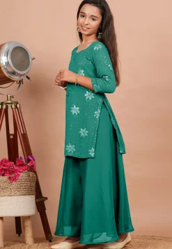 Embroidered Georgette Straight Kurta set in Sea Green