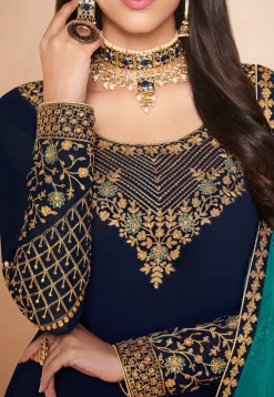 Embroidered Georgette Straight Suit in Navy Blue