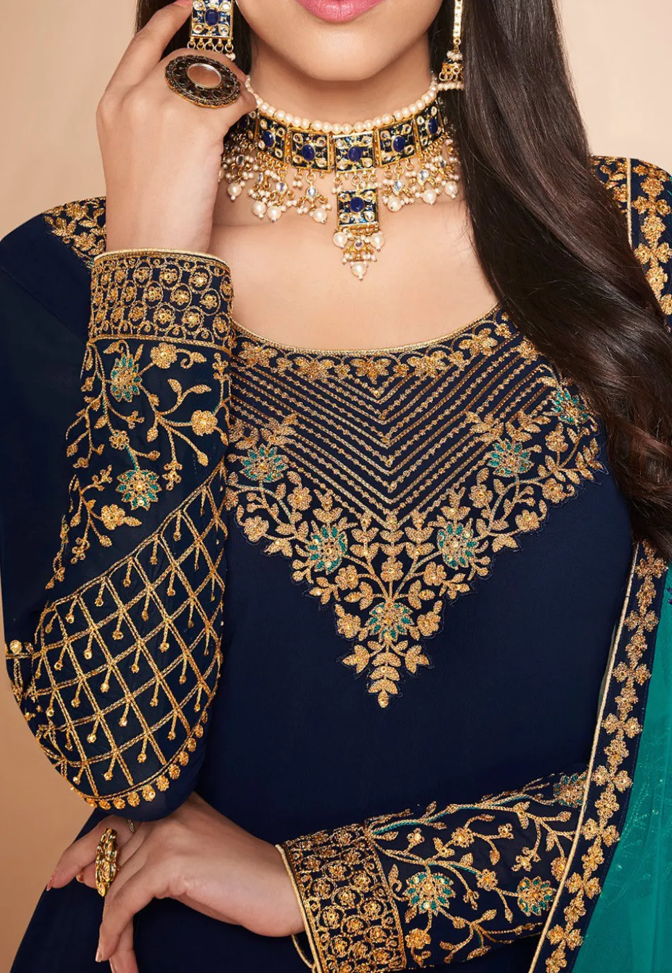 Embroidered Georgette Straight Suit in Navy Blue