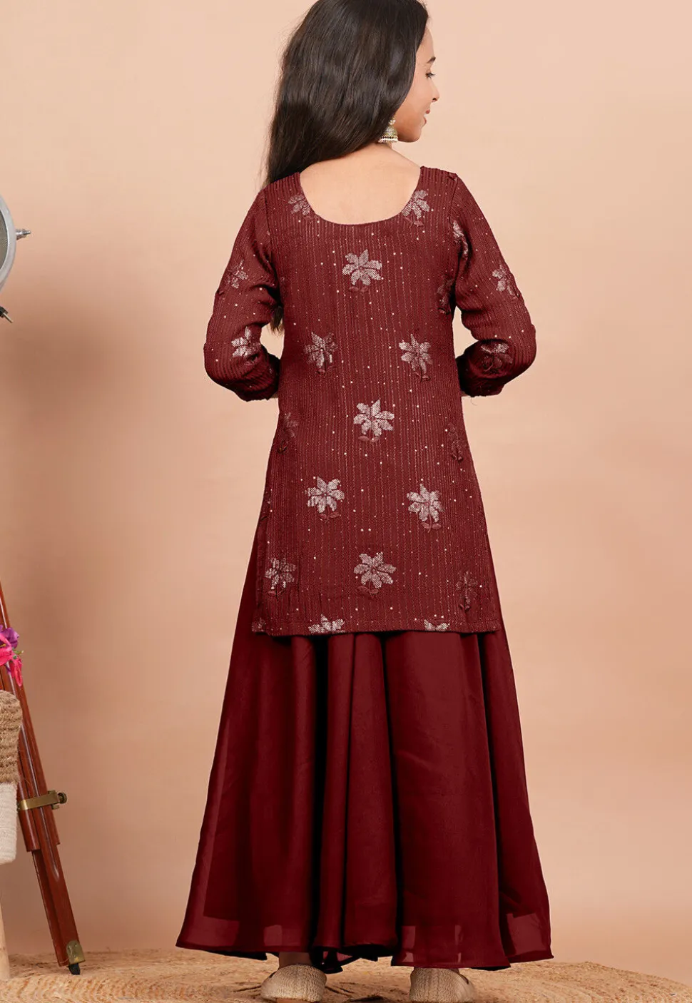 Embroidered Georgette Straight Kurta set in Maroon