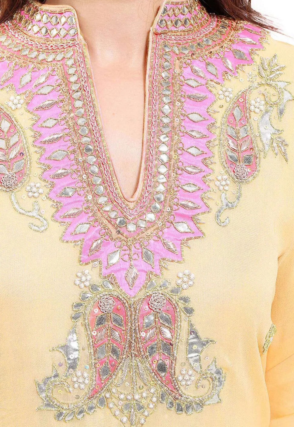 Embroidered Georgette Straight Suit in Peach