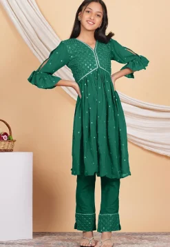 Embroidered Georgette Straight Kurta Set in Dark Teal Green