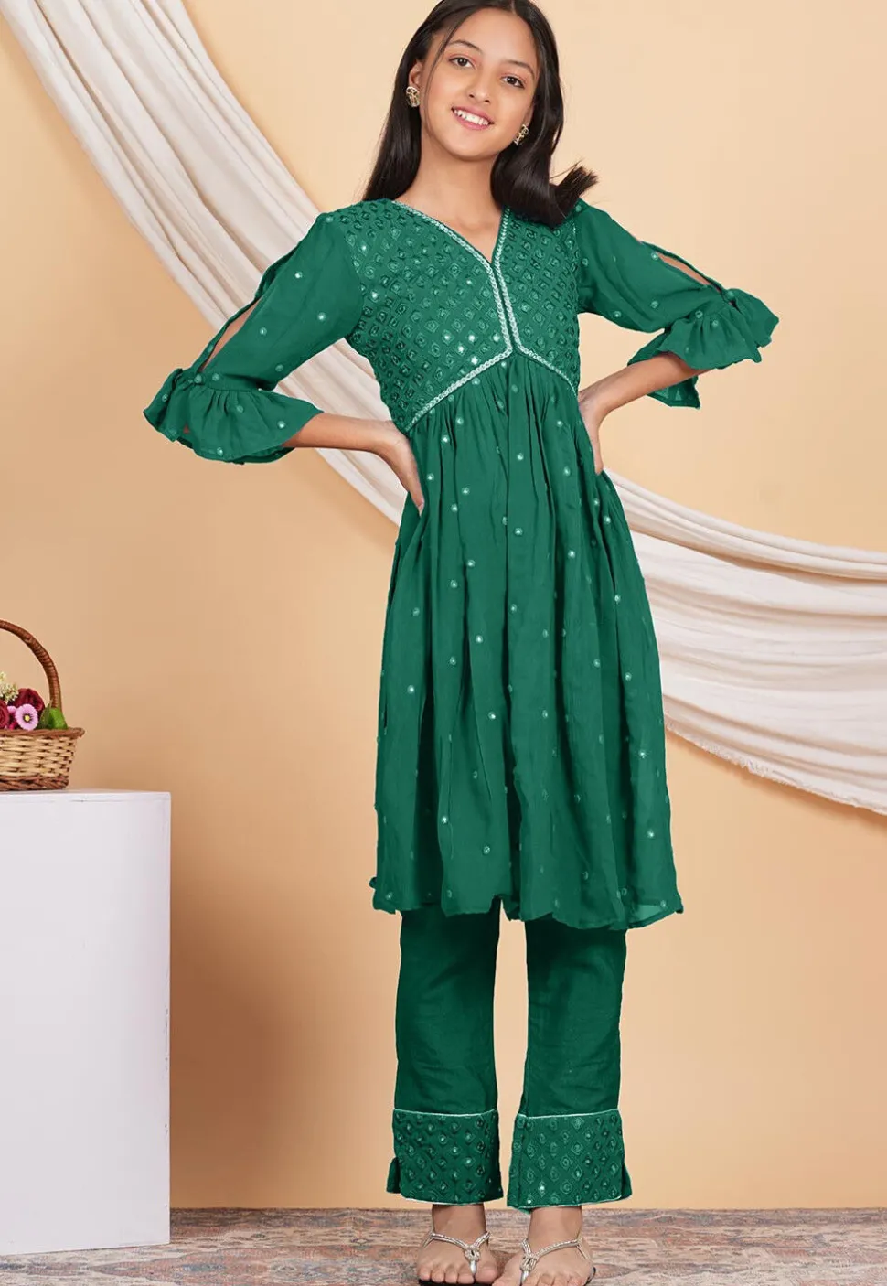 Embroidered Georgette Straight Kurta Set in Dark Teal Green