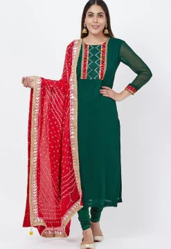 Embroidered Georgette Straight Suit in Dark Teal Green