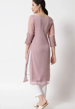 Embroidered Georgette Straight Kurta in Dusty Pink