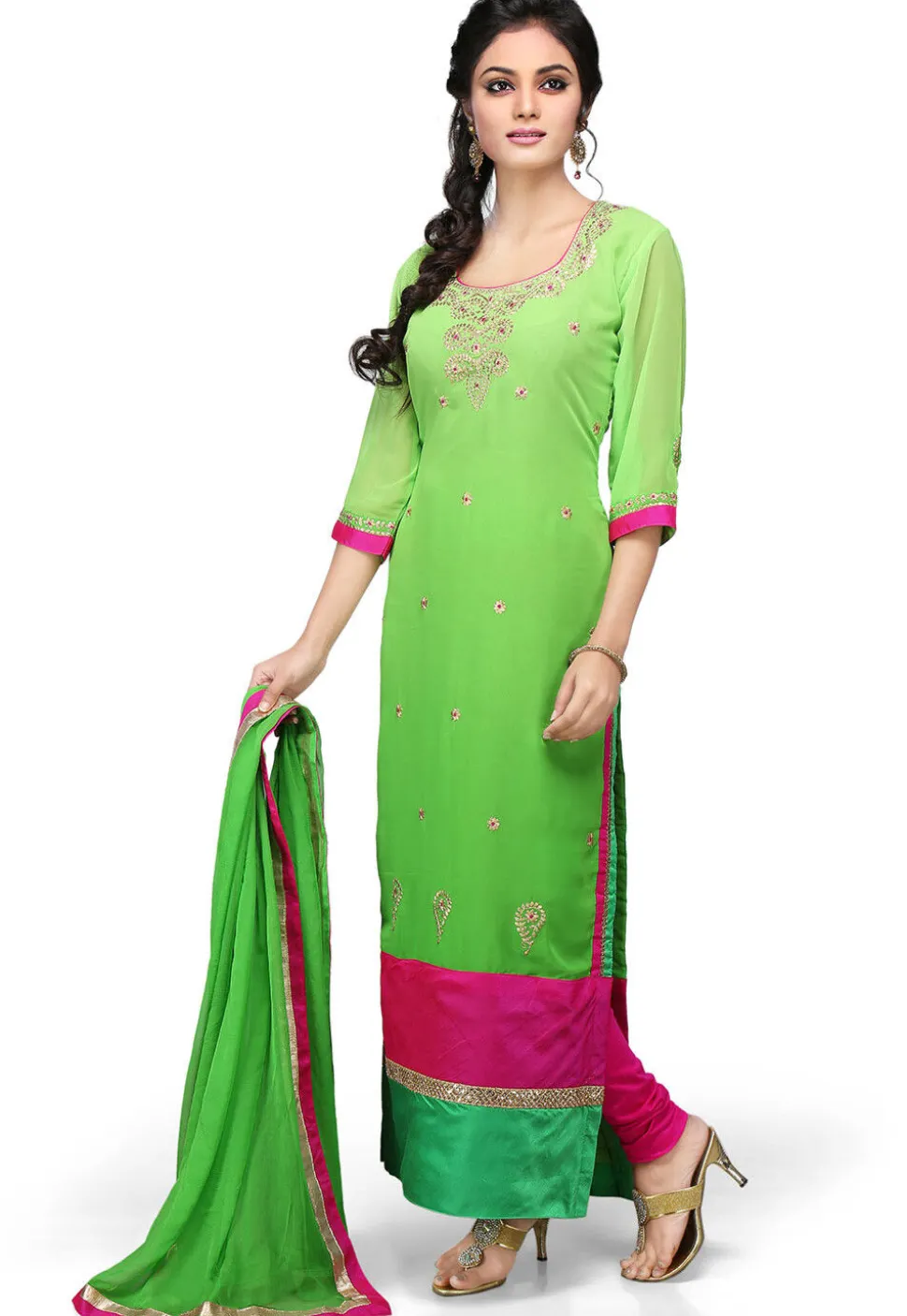 Embroidered Georgette Straight Cut Suit In Green