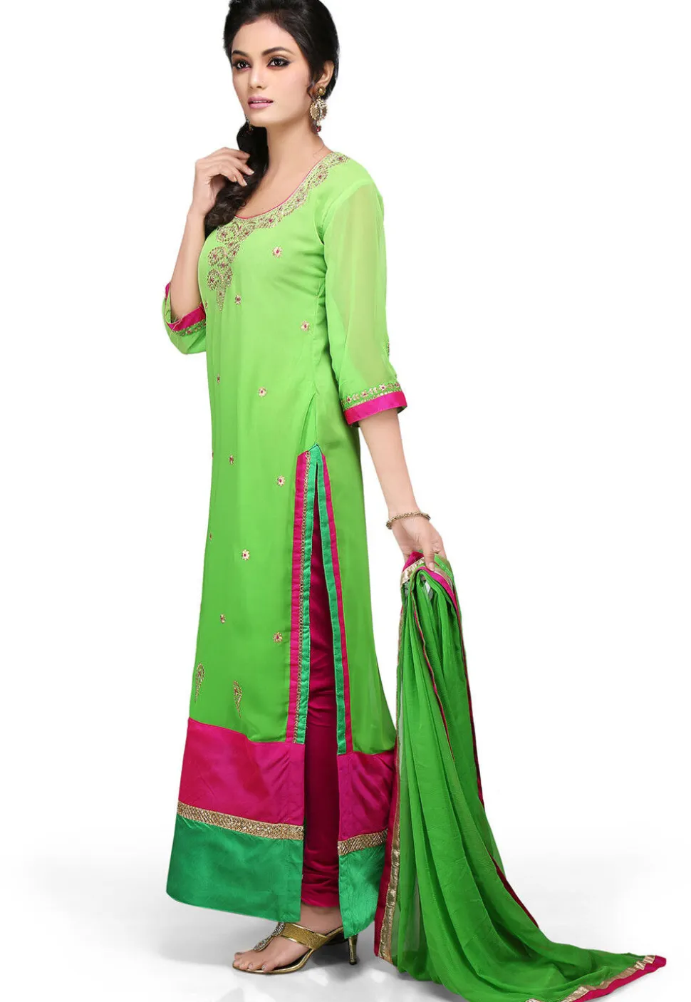 Embroidered Georgette Straight Cut Suit In Green