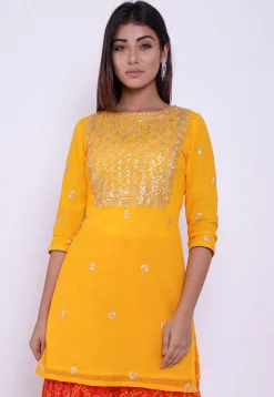 Embroidered Georgette Straight Kurti in Yellow