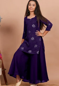 Embroidered Georgette Straight Kurta set in Dark Purple