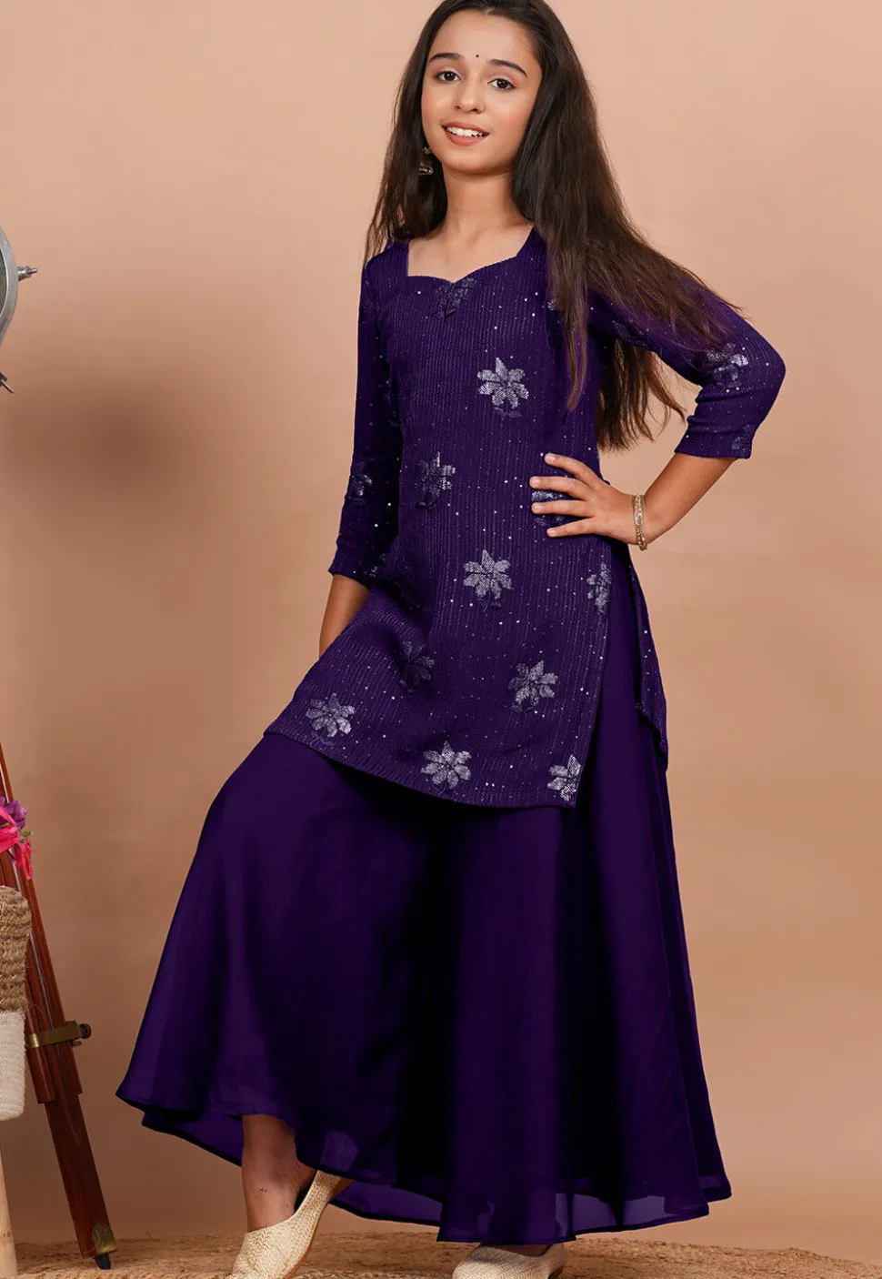 Embroidered Georgette Straight Kurta set in Dark Purple