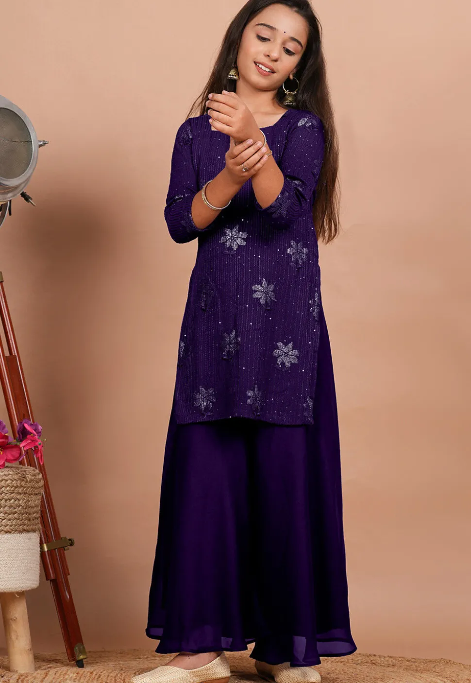 Embroidered Georgette Straight Kurta set in Dark Purple