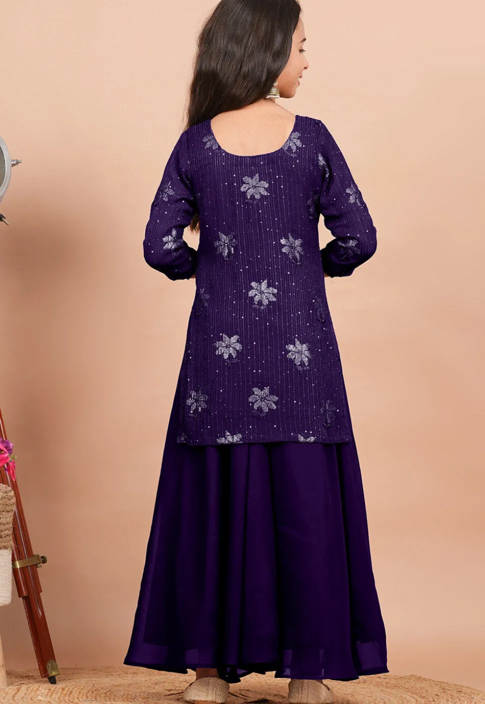 Embroidered Georgette Straight Kurta set in Dark Purple