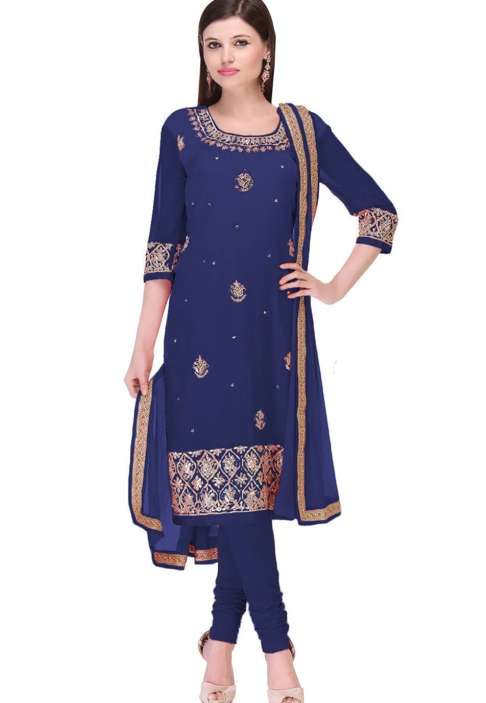 Embroidered Georgette Straight Suit in Navy Blue