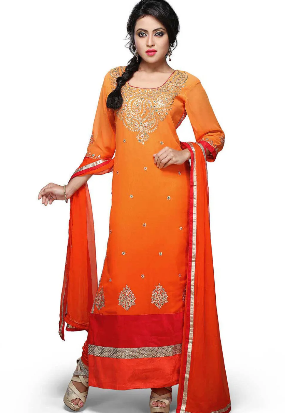 Embroidered Georgette Straight Suit In Shaded Orange