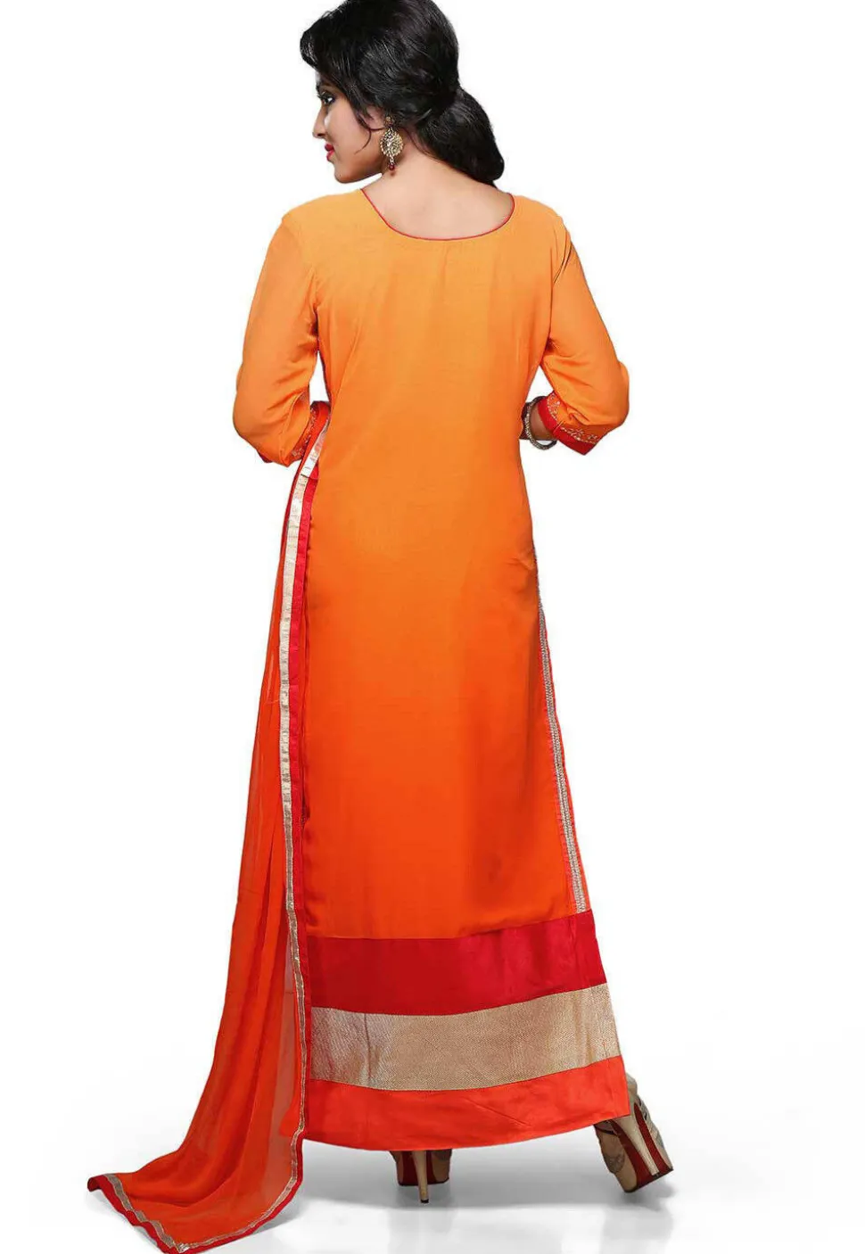 Embroidered Georgette Straight Suit In Shaded Orange