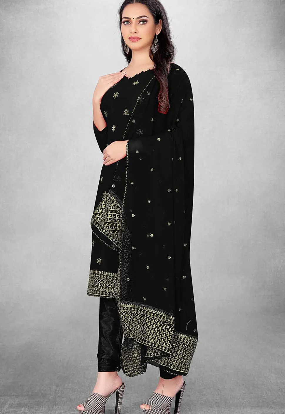 Embroidered Georgette Straight Suit in Black