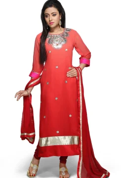 Embroidered Georgette Straight Suit in Shaded Red