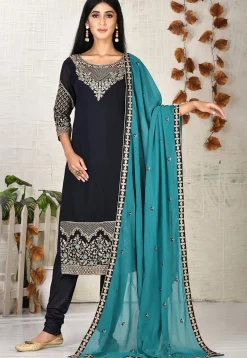 Embroidered Georgette Straight Suit in Navy Blue