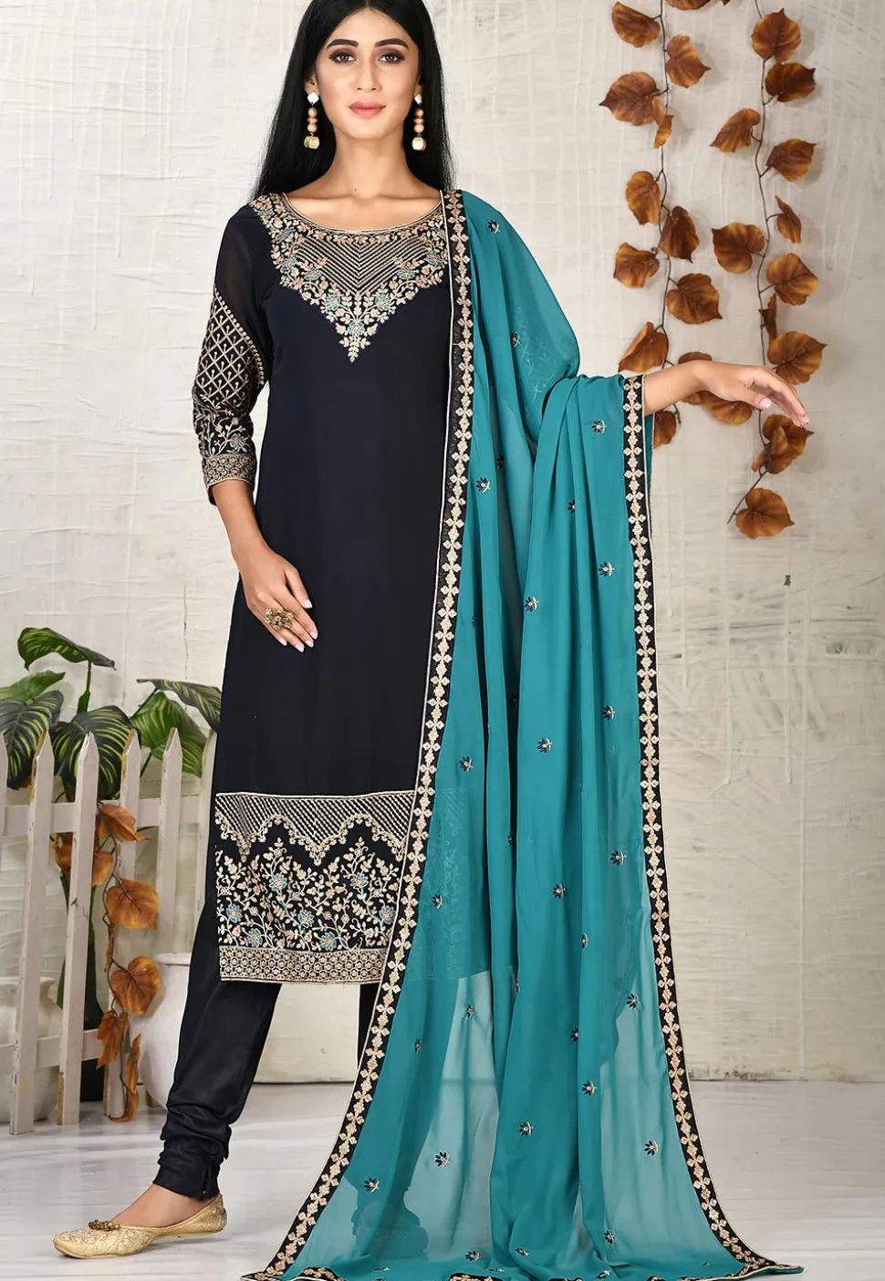 Embroidered Georgette Straight Suit in Navy Blue