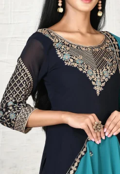 Embroidered Georgette Straight Suit in Navy Blue