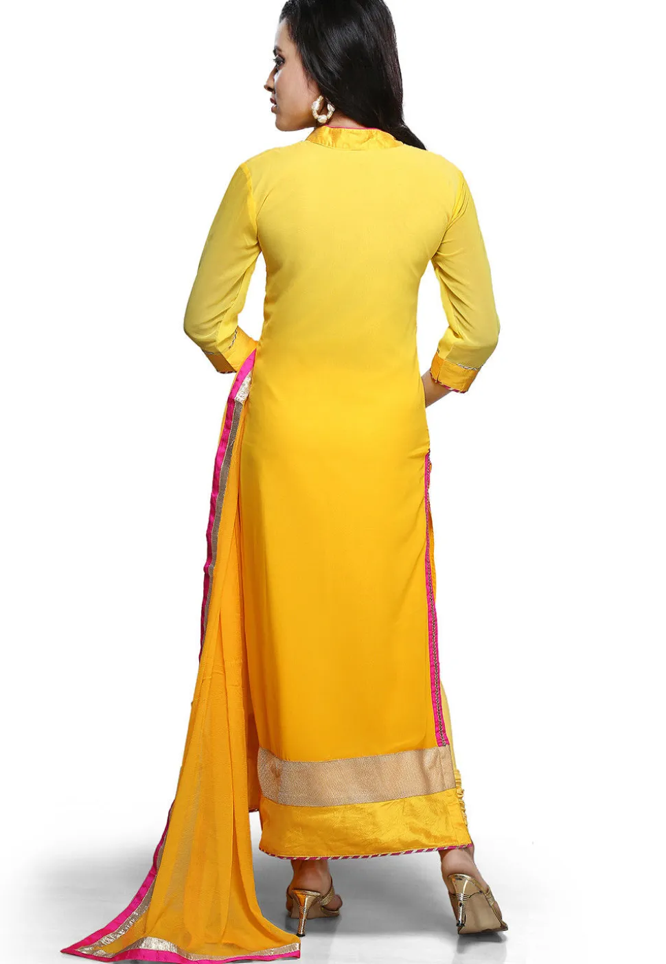 Embroidered Georgette Straight Suit in Shaded Yellow
