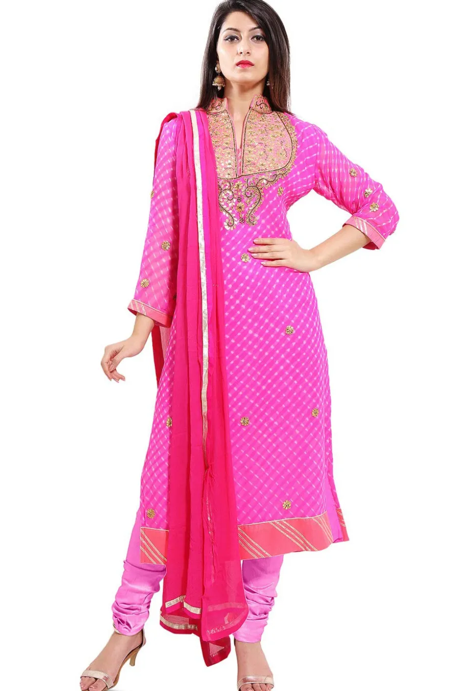 Embroidered Georgette Straight Cut Suit in Fuchsia