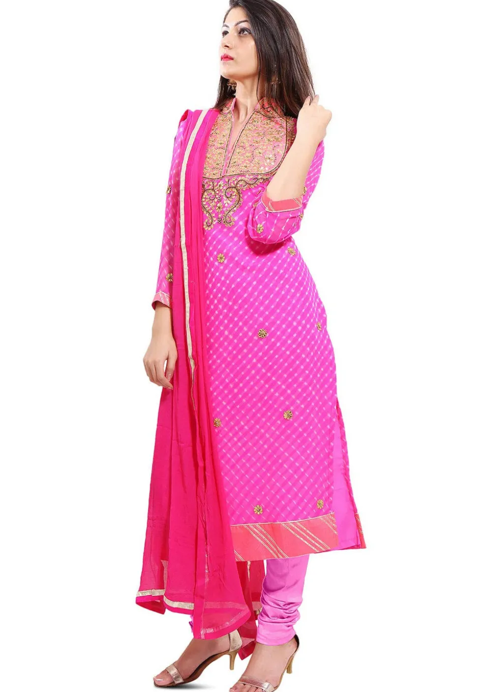 Embroidered Georgette Straight Cut Suit in Fuchsia