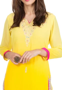 Embroidered Georgette Straight Suit in Shaded Yellow
