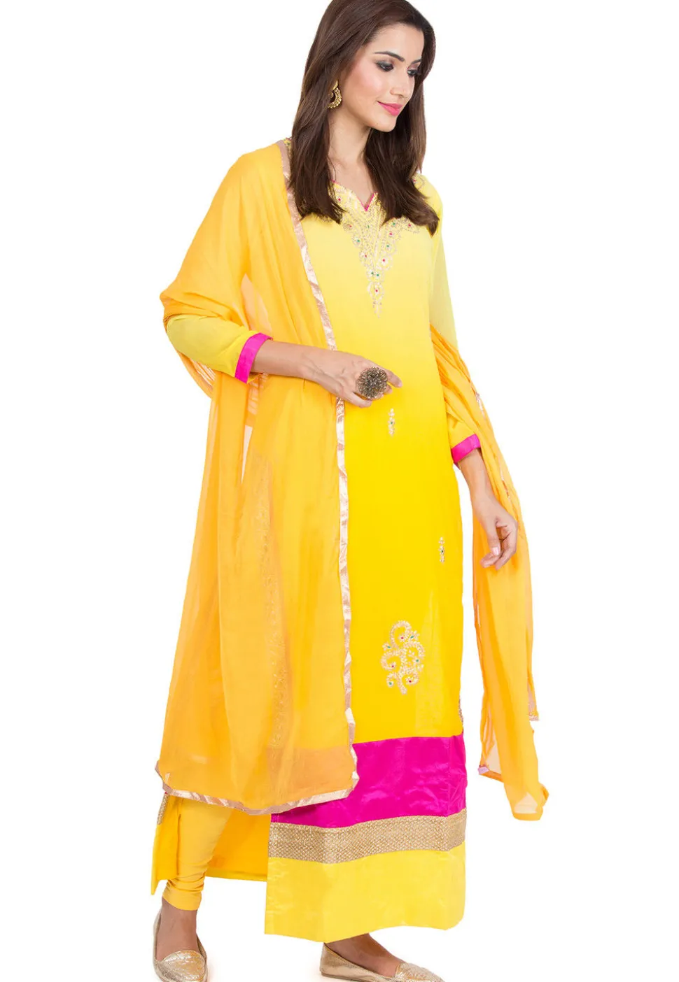 Embroidered Georgette Straight Suit in Shaded Yellow