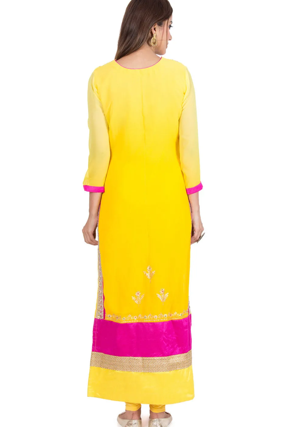 Embroidered Georgette Straight Suit in Shaded Yellow