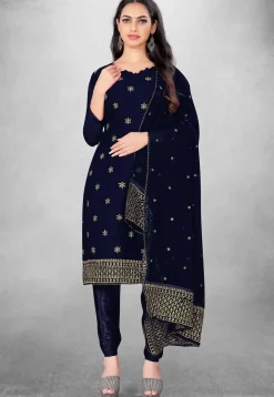 Embroidered Georgette Straight Suit in Navy Blue