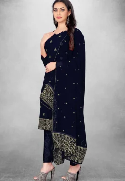 Embroidered Georgette Straight Suit in Navy Blue
