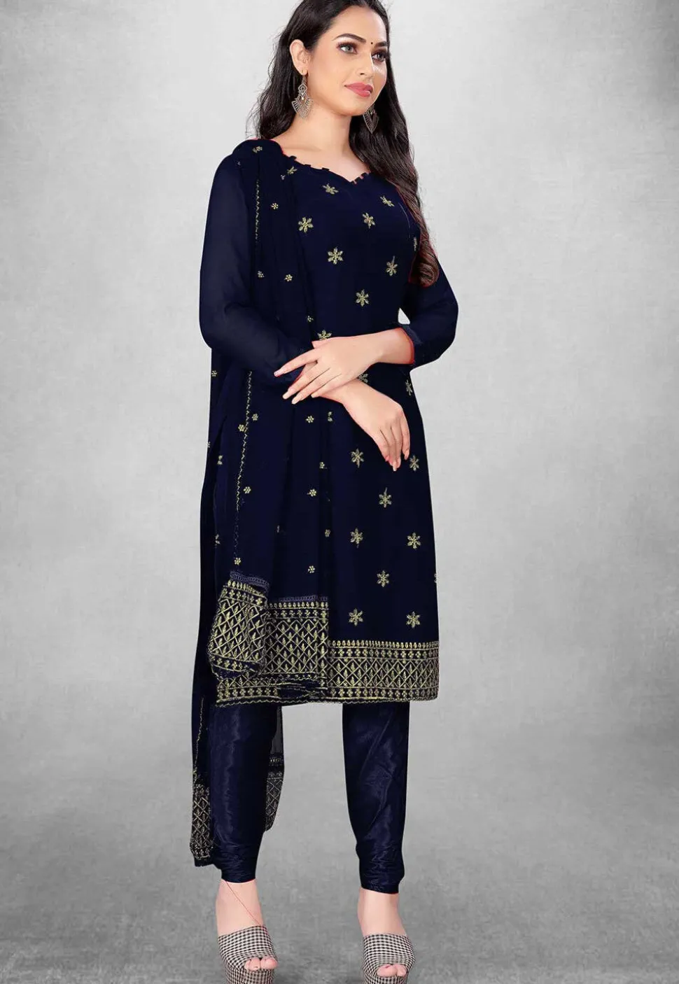 Embroidered Georgette Straight Suit in Navy Blue