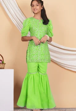 Embroidered Georgette Straight Kurta Set in Neon Green