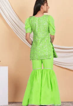 Embroidered Georgette Straight Kurta Set in Neon Green