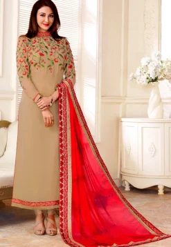 Embroidered Georgette Straight Suit in Beige