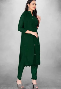 Embroidered Georgette Straight Suit in Dark Green