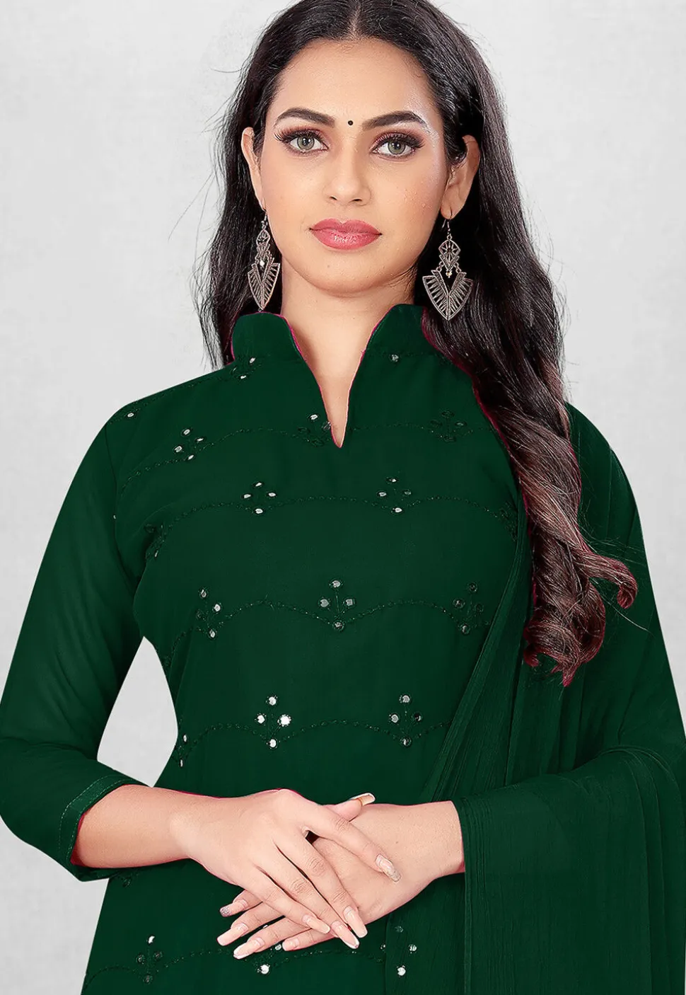 Embroidered Georgette Straight Suit in Dark Green