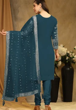 Embroidered Georgette Straight Suit in Teal Blue