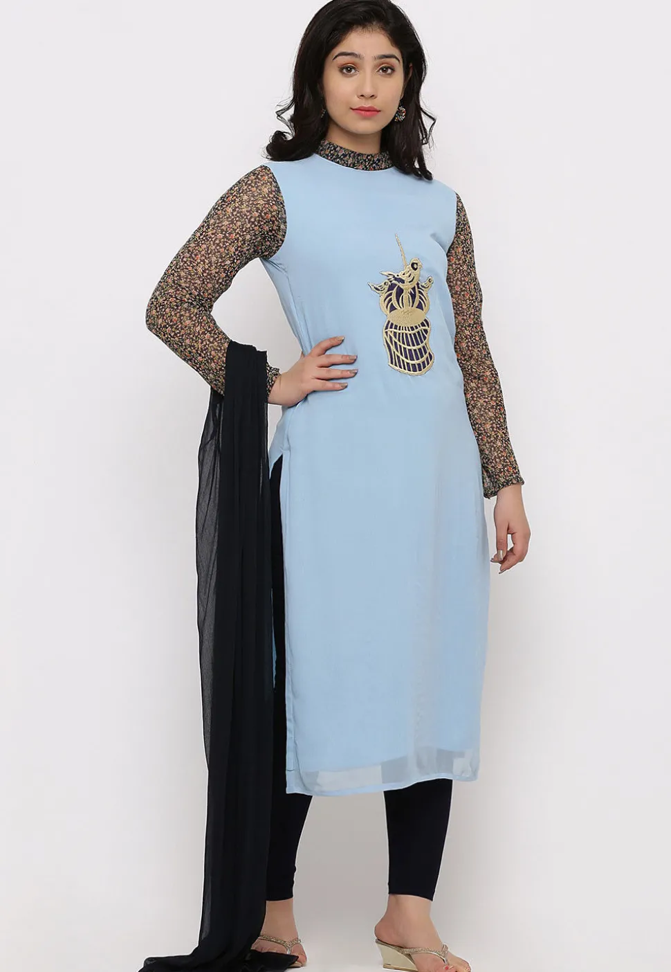 Embroidered Georgette Straight Suit in Light Sky Blue