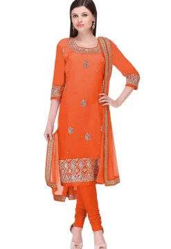 Embroidered Georgette Straight Suit in Orange