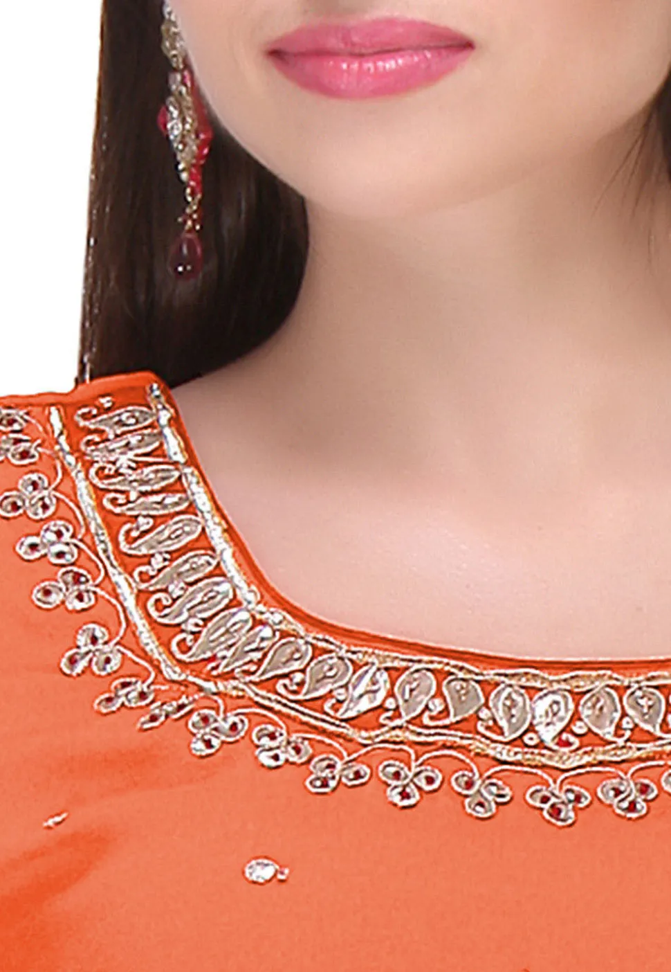 Embroidered Georgette Straight Suit in Orange