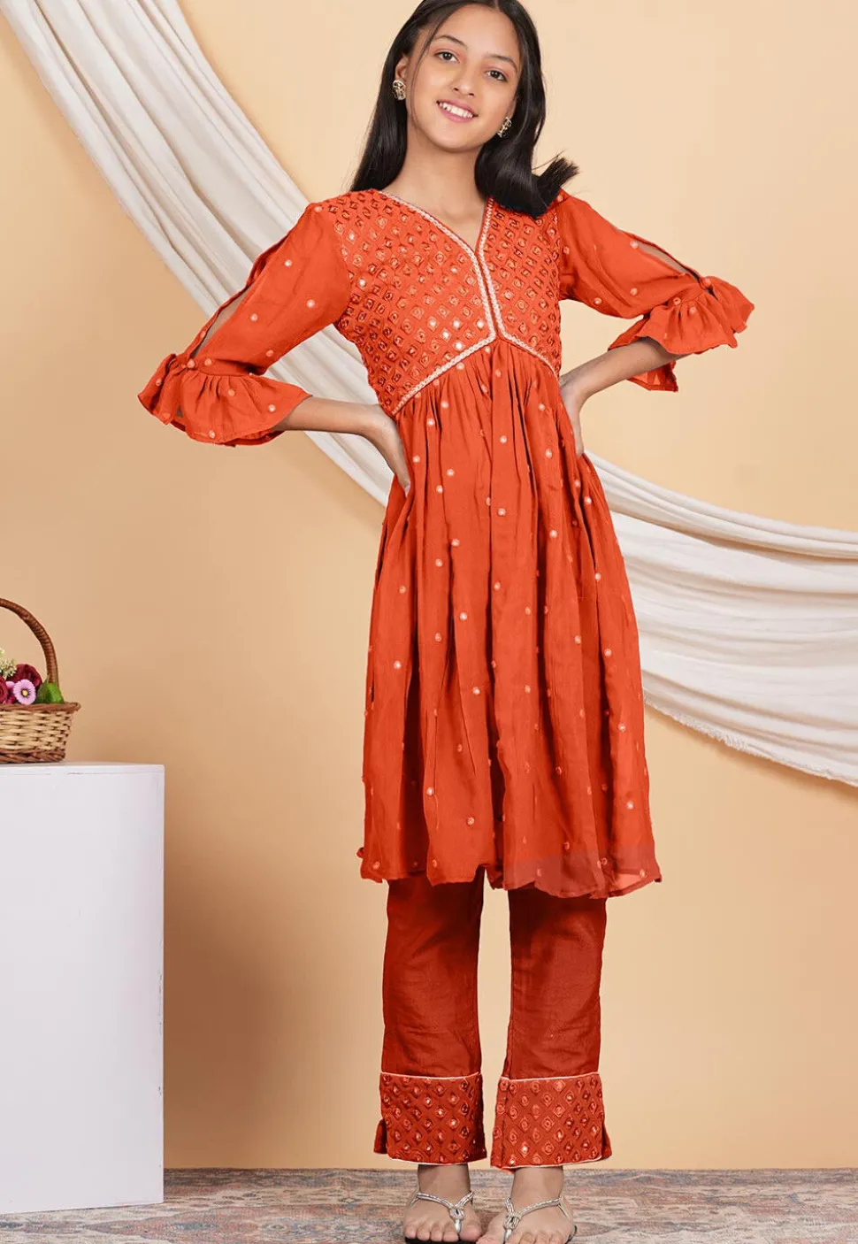 Embroidered Georgette Straight Kurta Set in Orange