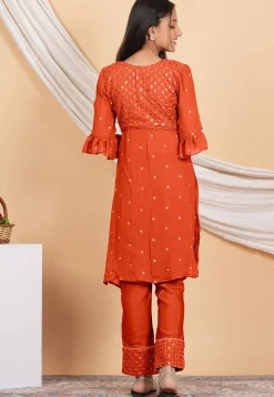 Embroidered Georgette Straight Kurta Set in Orange