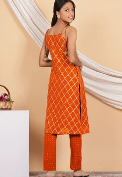 Embroidered Georgette Straight Kurta Set in Orange