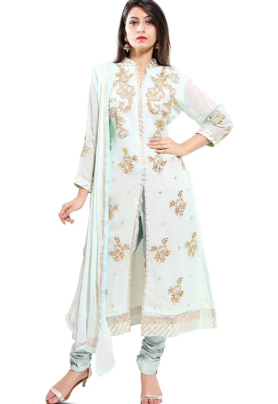 Embroidered Georgette Straight Cut Suit in Light Sea Green