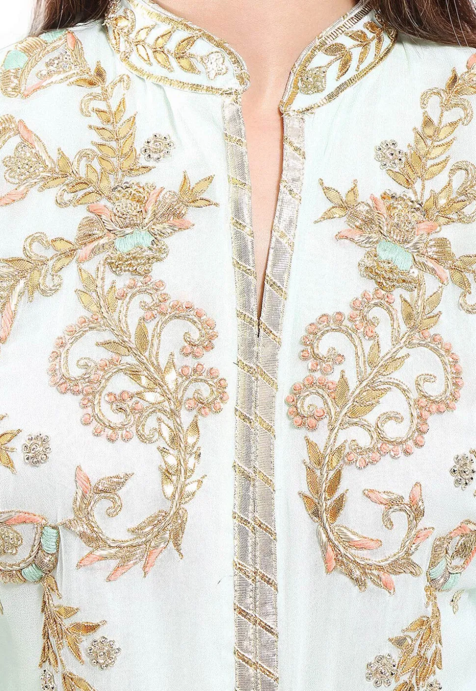 Embroidered Georgette Straight Cut Suit in Light Sea Green